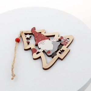 Hollow painted wooden Christmas tree pendant with gnome design and natural jute rope