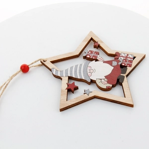 Star-shaped cutout wooden Christmas ornament featuring a painted Santa Claus and jute cord