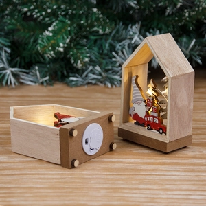 Lighted wooden house Christmas ornaments with Santa and red car LED tabletop decor