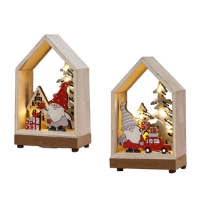 LED lighted Christmas wooden house ornaments with gnome and car for tabletop decor