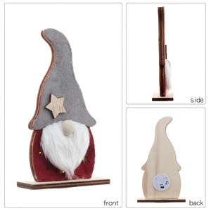 Lighted Christmas gnome wooden decor with plush hat and LED stars, front side and back view