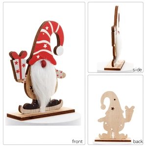 Front, side and back views of a wooden Christmas gnome skier on a steady base
