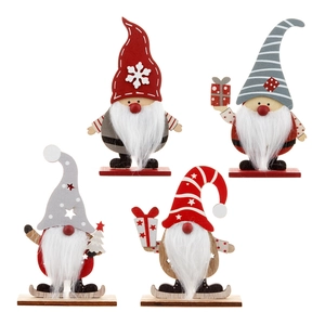Set of 4 Christmas wooden gnome ornaments with white faux fur beards and holiday motifs