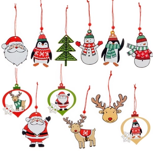 11-piece wooden Christmas hanging ornaments featuring Santa, reindeer and tree shapes