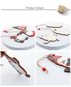 Detail view showing front and back of three wooden Christmas gnome hanging ornaments