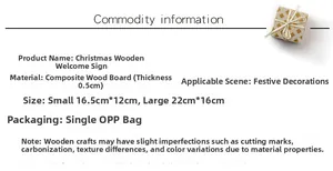 Specifications of wooden Christmas welcome sign showing dimensions and durable wood texture