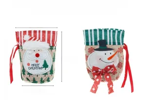 Detailed dimensions of linen Christmas gift bags with Santa and Snowman designs