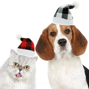 Pet Christmas Hat Classic Plaid Plush Pompom Santa Hat For Cats Dogs Holiday Party Costume Decoration Accessories