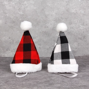 Christmas pet hats set featuring red and white plaid patterns with plush pompoms