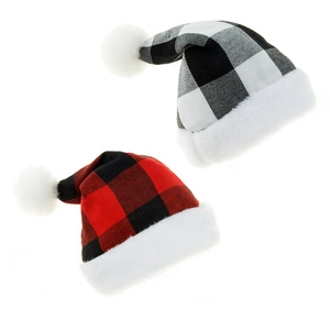 Classic red and white buffalo plaid pet Christmas hats with plush white pom-pom detail