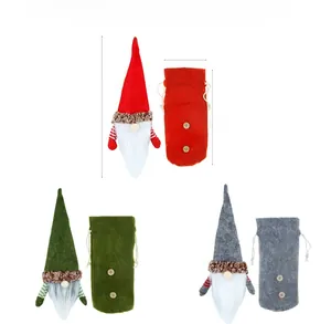 Christmas gnome wine bottle cover set with drawstring gift bags in red green and grey