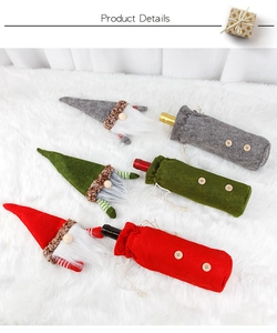 Three festive gnome wine bottle covers in red, green and grey with long white beards