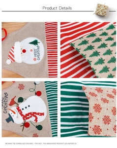 Detailed view of Christmas aprons featuring burlap material with festive applique patterns