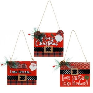 Three-piece set of red wooden Christmas ornaments with Santa and pine cone details