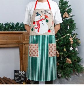 Detail of Christmas apron featuring snowman print, red straps, and green striped pockets
