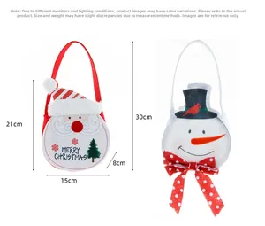 Detail view of Santa and Snowman Christmas gift bags with dimensions 21x15x8cm