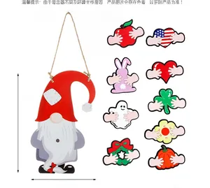 Detail of wooden gnome welcome sign with 9 interchangeable seasonal icon accessories