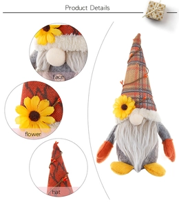 Detailed view of autumn gnome showing face, sunflower, and plaid hat textures