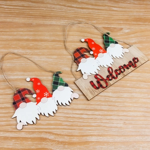 Christmas wooden welcome door sign set with three festive gnome figures and twine hanger