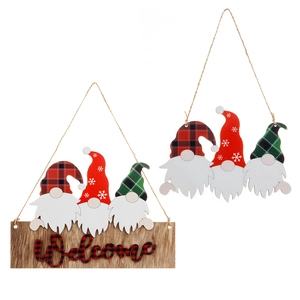 Wooden Christmas gnome welcome sign with red and green plaid hats for door decor