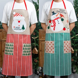 Christmas Cartoon Burlap Apron For Adults Santa Claus Snowman Striped Kitchen Bib With Double Pockets For Restaurant Waiter Decor Festive Cooking Cover