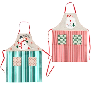 Christmas snowman and Santa Claus striped aprons for holiday kitchen cooking and party decor