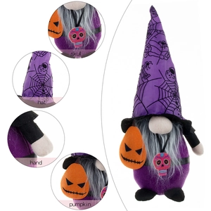Halloween faceless gnome plush with spider web hat, skull pendant, and orange pumpkin decor