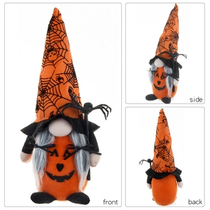 Three-sided view of Halloween gnome plush with orange spider web hat and pumpkin base