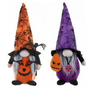 Halloween gnome plush set with spider web hat, pumpkin design and skull charms