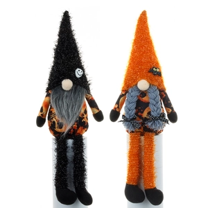 Halloween long-legged gnomes plush set with skull and bat hats on white display stands