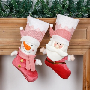 Large Pink Christmas Stocking 3D Santa Snowman Knitted Gold Velvet Hanging Gift Bag For Holiday Fireplace Tree Decoration