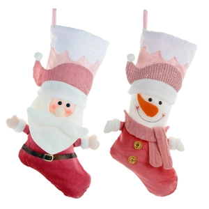 Pink Christmas stocking set with 3D Santa and snowman dolls for holiday gift decoration