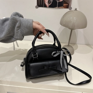 Korean Style Women PU Leather Shell Bag Fashion Large Capacity Handbag With Bow And Checkered Ribbon Crossbody Shoulder Bag