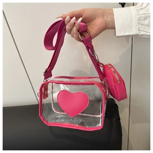 Bolso bandolera de PVC transparente rosa con parche de corazón y monedero pequeño