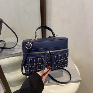 Dark blue box handbag with tweed stitching and metal zipper for women's crossbody wear