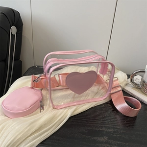 Bolso bandolera de PVC rosa transparente con diseño de corazón y monedero pequeño a juego