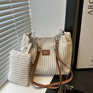 Women Corduroy Tote Bag Large Capacity Stripe Shoulder Bag Chain Leather Strap Sub-Mother Bag Casual Commuter Handbag