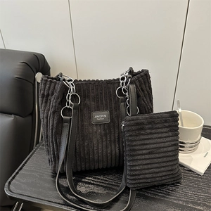 Black corduroy tote bag set with chain handles and matching small pouch for women