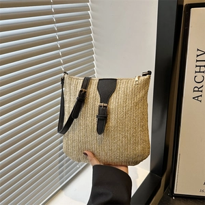 Casual Straw Woven Shoulder Bag Bohemian Summer Beach Vacation Crossbody Bag Minimalist Weaving Bag With Leather Trim Women