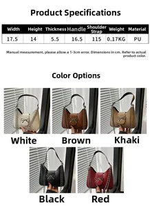 Detailed size chart and five color options for this PU leather baguette bag with bow