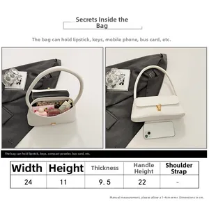 Size chart and capacity detail of white embossed shoulder bag with dimensions and phone fit