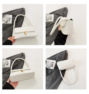 Detailed views of a white textured underarm bag showing gold hardware and 360-degree structure