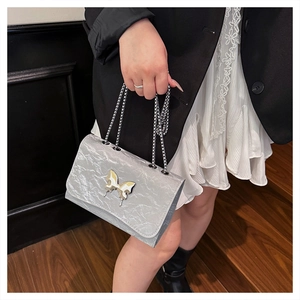 Detail of silver pleated texture chain bag with a metallic butterfly clasp accent
