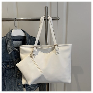 White large capacity tote bag set with matching zipper pouch and gold fashion logo