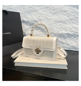 Detail of woven crossbody bag featuring a golden camellia flower metal twist lock buckle