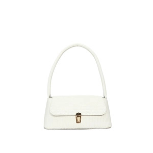 Minimalist white textured underarm handbag with elegant gold metal flip lock and single handle