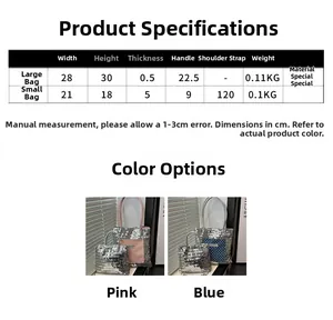 Size chart showing large and small tote bag dimensions with sequin material details