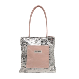 Silver sequin tote bag with a pink front pocket and handles for stylish women