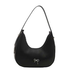 Elegant black hobo underarm bag with silver bow detail and sleek PU leather finish