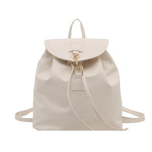 Minimalist beige synthetic leather backpack for women with golden hook closure and handle